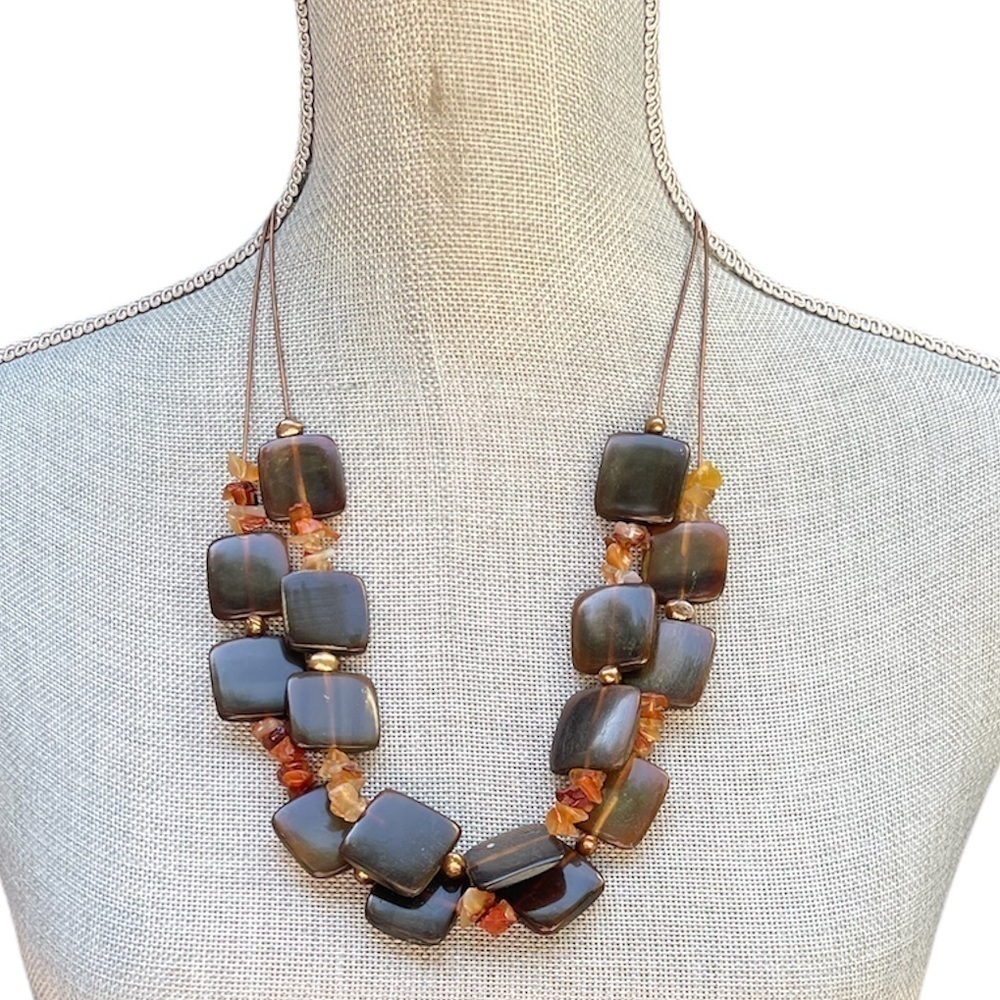 VINTAGE Necklace Brown Square Beads with Amber Colored Beads and Copper 25”- 30” - Picture 3 of 8